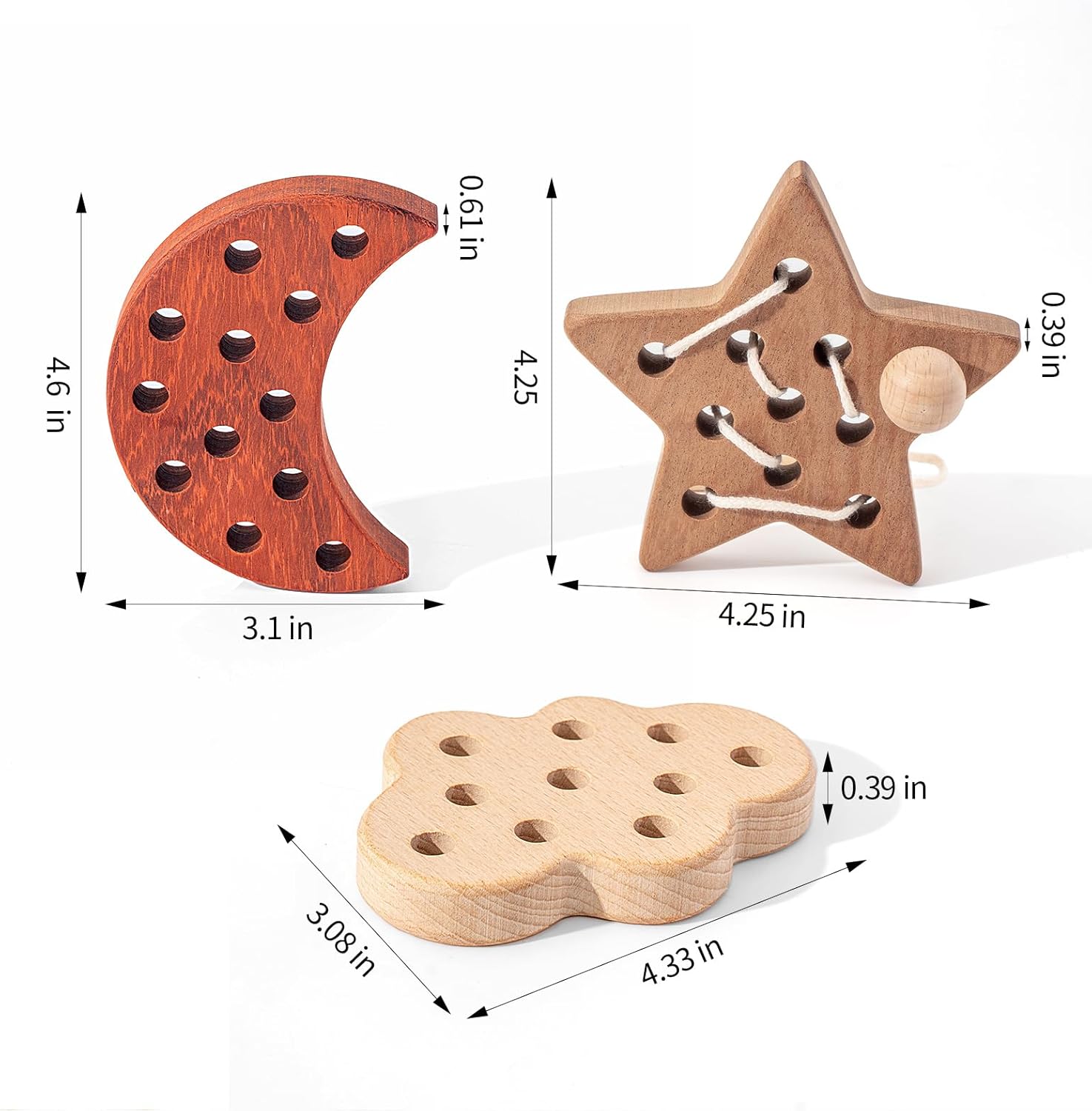 FlameFlash Wooden Lacing Toys for Toddlers 1-3 Solid Wood Threading Toys, Moon/Stars/Cloud Quiet Toddler Toys for Airplane Travel Fine Motor Skills Sensory Toys for 2 3 4 Year Old (Natural Wood)