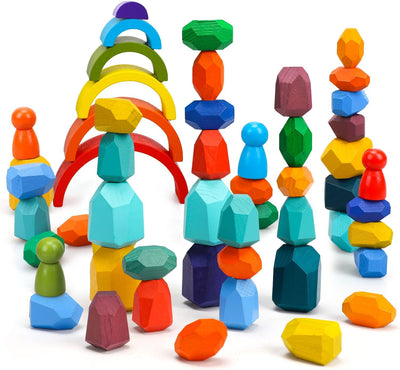Fidtoy Juego de juguetes de madera apilables con arcoíris para bebés y niños pequeños