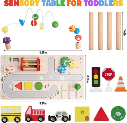 Activity Table for 1+ Year Old, Montessori Wooden Toys for Toddlers 1-3, 8 in 1 Baby Activity Table, Educational Sensory Bead Maze Toys for Babies, Learning Shape Sorter, Birthday Gifts Girls Boys