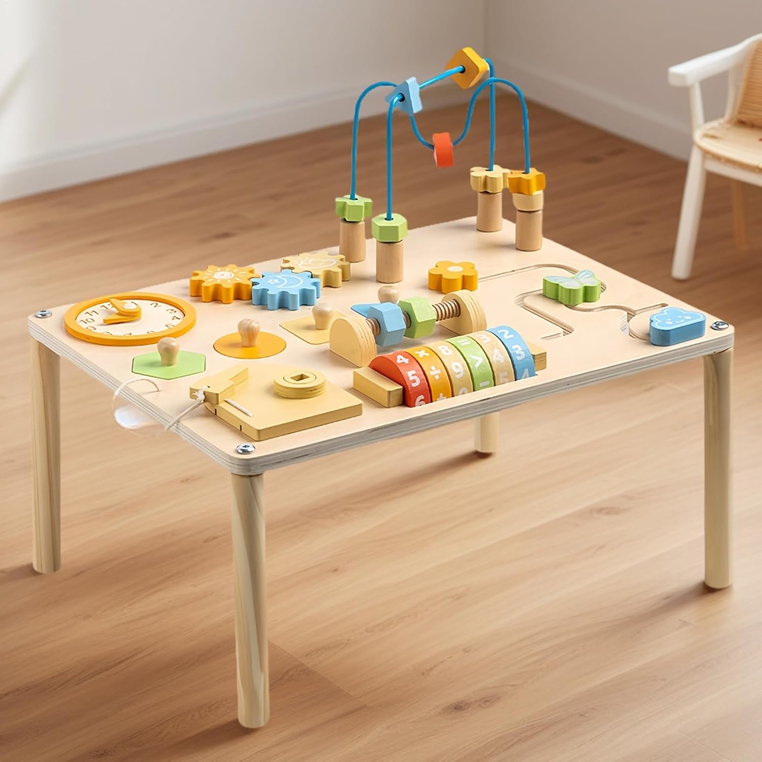 Activity Chart - Wooden Activity Chart | Portable Learning Table | Reusable Educational Wooden Toys with Shape Sorter and Bead Maze for Kids Boys Girl