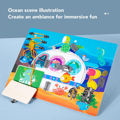 Tableau sensoriel, stimulation cérébrale, planche d'activités sensorielles, coordination œil-main, thème océan, exploration cognitive pour la maternelle et les tout-petits
