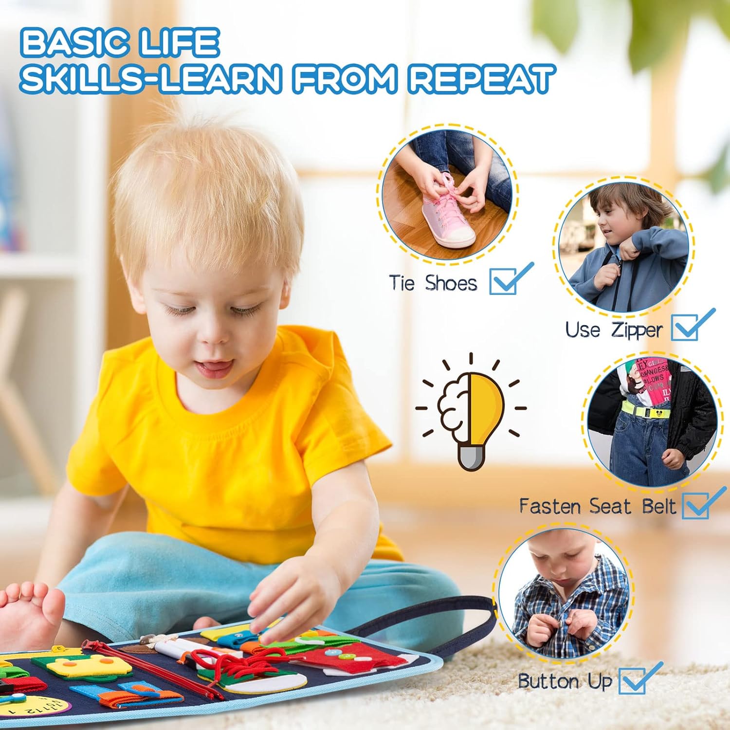 MAMPO Busy Board Montessori Toys for 1 2 3 4 Year Old Children, Learning Basic Skills Toddler Travel Toy with Alphabet & Matching Games, 16-in-1 Animal Theme Portable Busy Board