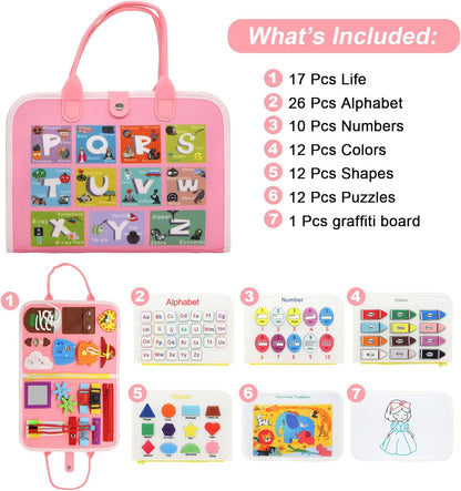 Busy Board Montessori Toys for Toddlers Sensory Board Toys，Preschool Activities Educational Toys for Toddlers Travel,Gifts for 3+ Year Old Boys Girls - Pink