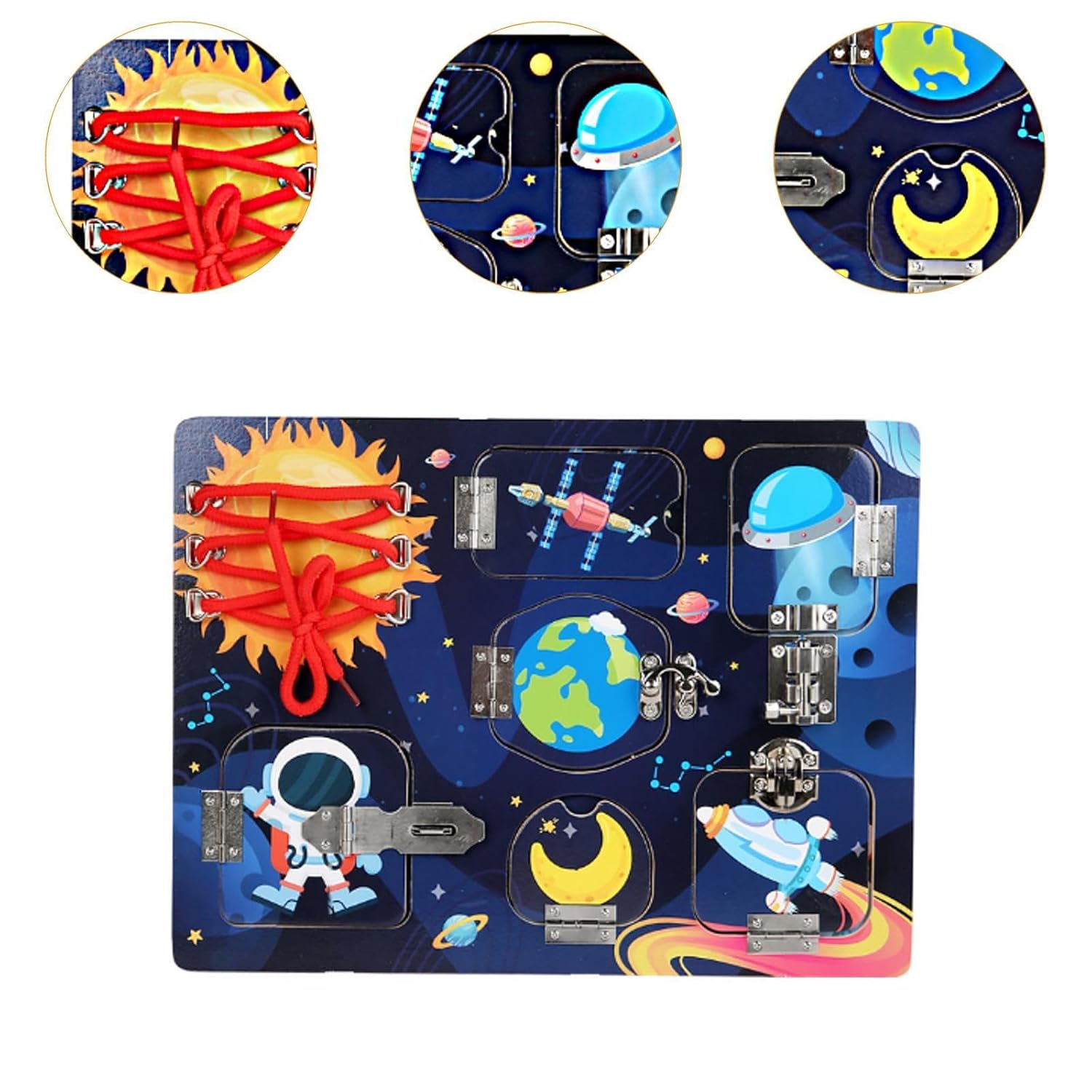 Click to see full view ATORSE Wood Busy Board Sensory Activity Board for Boys Girls Children Birthday Gift Space