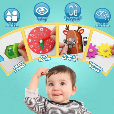 Fidtoy Wooden Busy Board with Locks Clock and Shape Puzzles