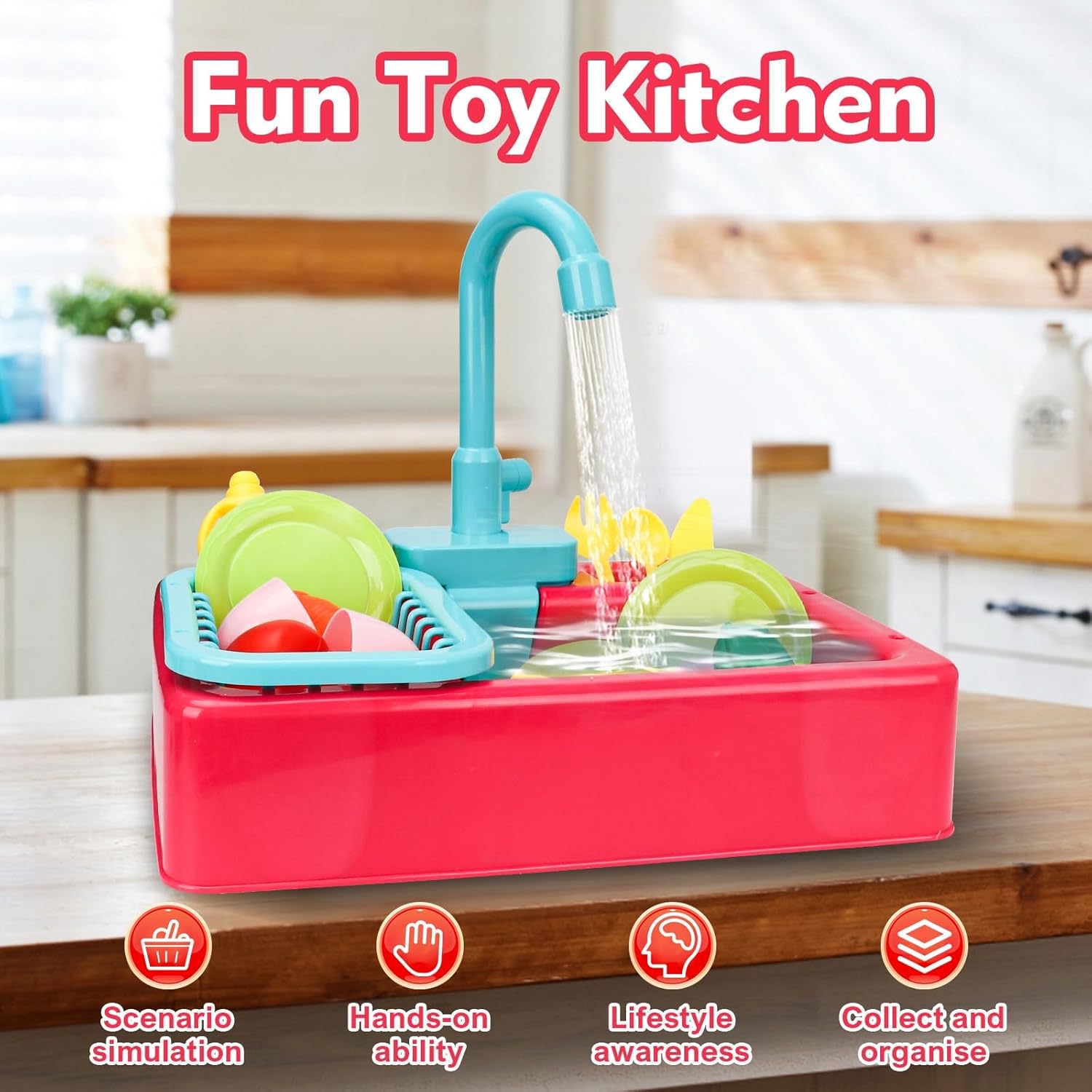 Fidtoy Play Kitchen Sink Toy with Running Water – Interactive Pretend Kitchen Playset for Kids