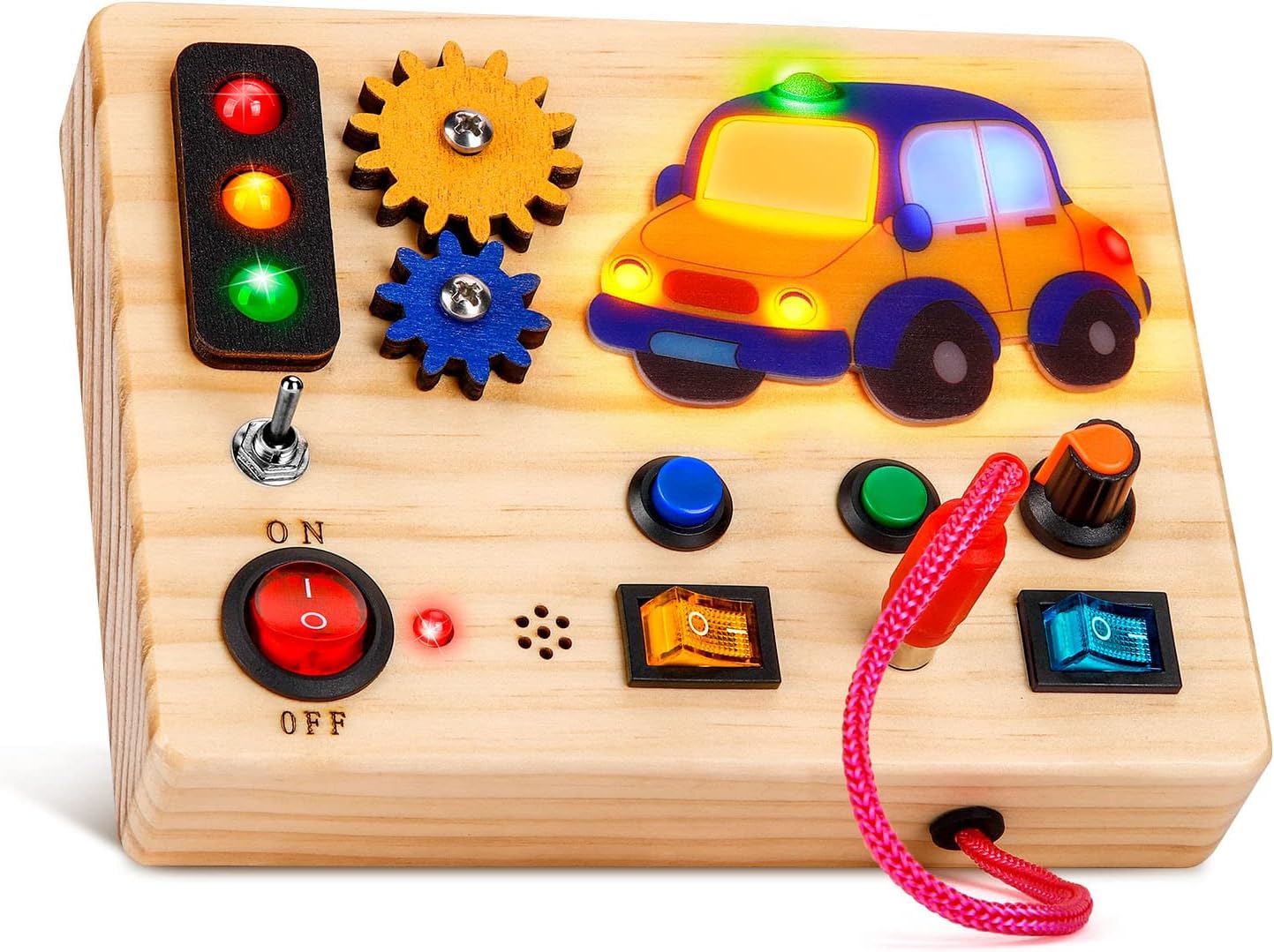Auney Wooden Montessori Busy Board,Sensory Toys with Light up LED and Sounds Buttons