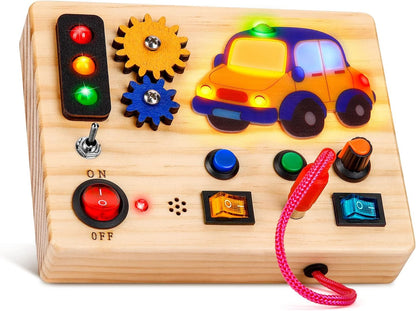 Auney Wooden Montessori Busy Board,Sensory Toys with Light up LED and Sounds Buttons