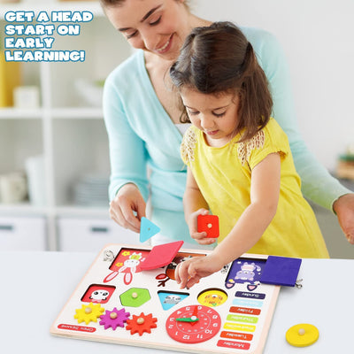 Fidtoy Wooden Busy Board with Locks Clock and Shape Puzzles