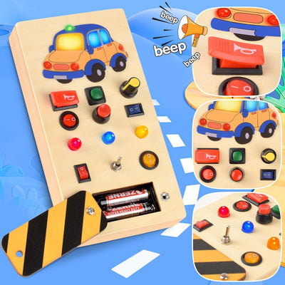 POLKRANE Tablero ocupado con luz LED, juguetes Montessori con interruptor de palanca, juguetes sensoriales para niños pequeños 1-3, juguetes de viaje para actividades educativas para niños pequeños