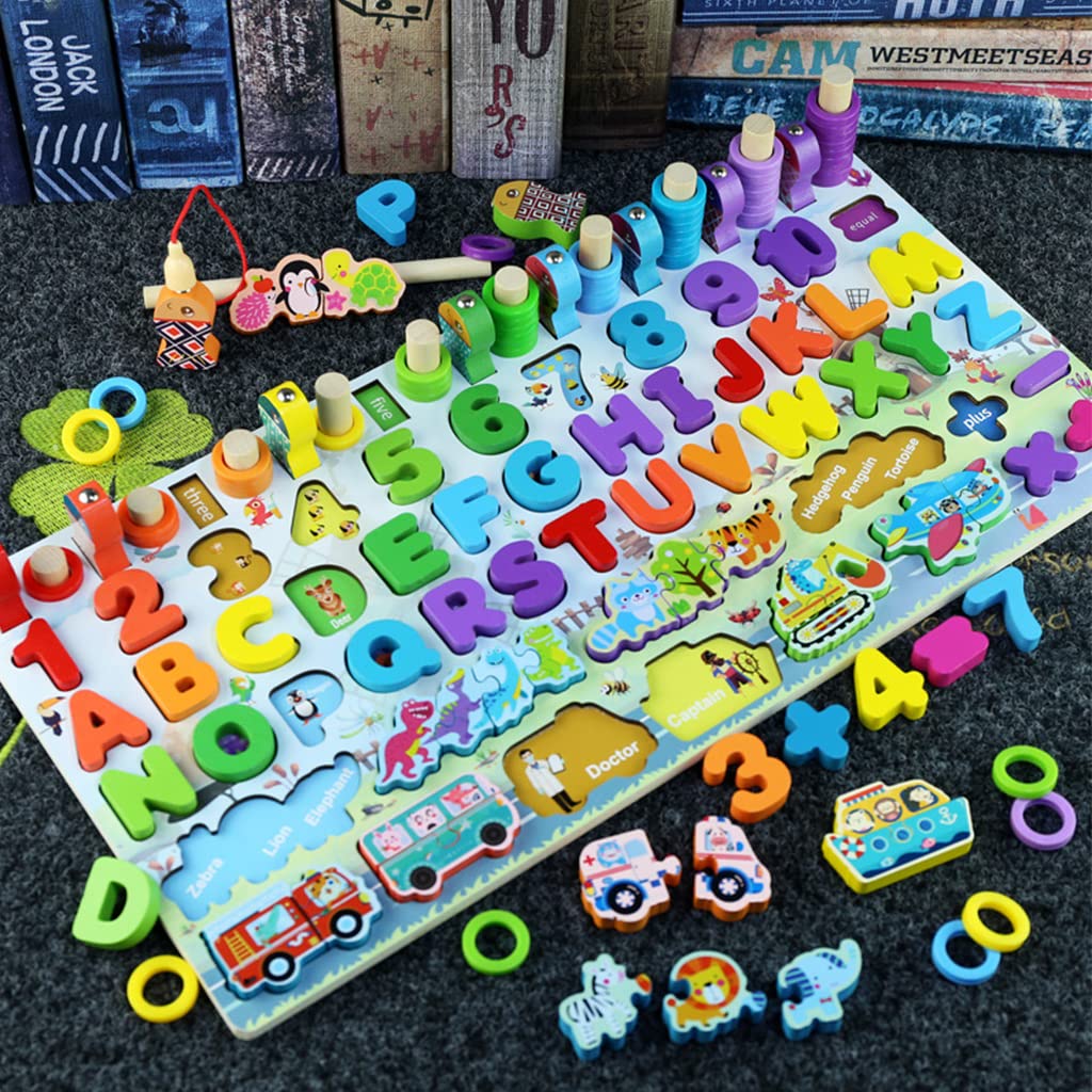 PATPAT® Wooden Number Puzzles for Kids, Fishing Game Educational Toys for Babies Montessori Toys for Toddlers Number Vehicles Fruits Animals Sorter Game for 1-5 Year Toddlers