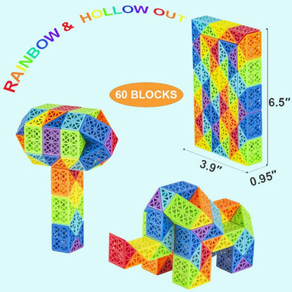 Sensory Fidget Snake Cube Twist Puzzles - Large Size Magic Snake Toy - Party Favors for Kids & Adults Rainbow & Hollow Out - 60 Wedges