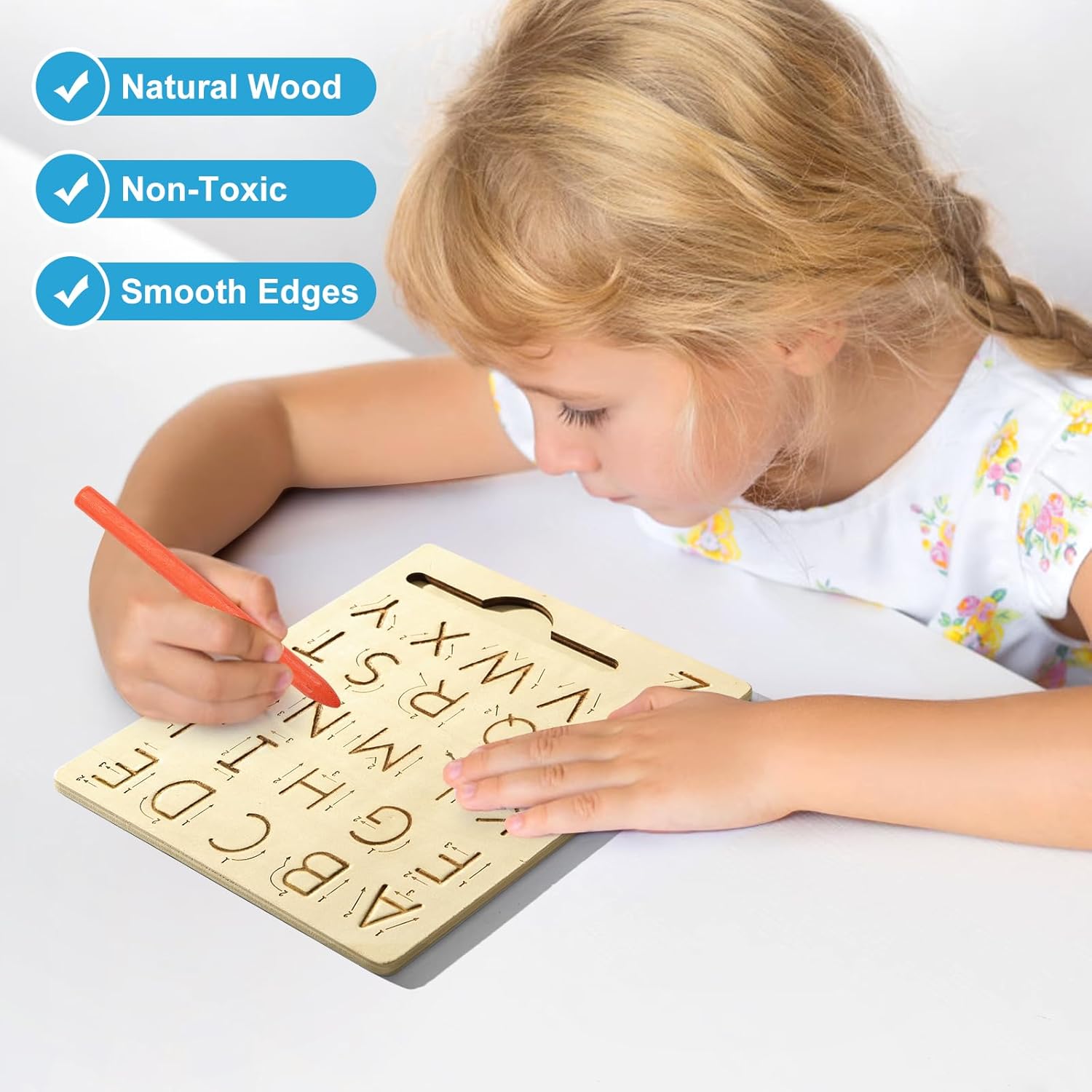 Fidtoy Montessori Double-Sided Alphabet Tracing Board for Kids Wooden Uppercase Lowercase Letter Writing Practice Toy Age 2-6