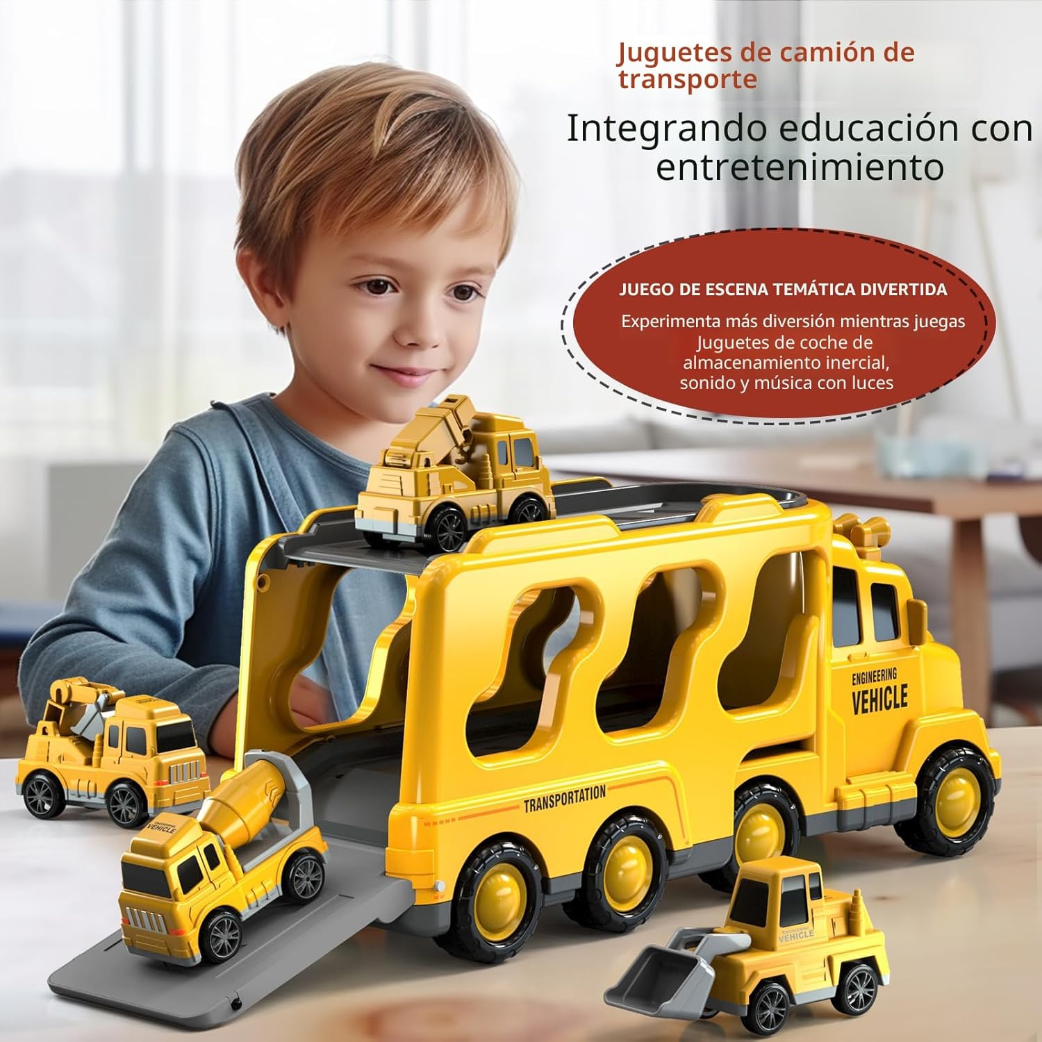 Fidtoy 5-in-1 Construction Truck Toy Set for Toddlers with Lights Sounds Excavator Bulldozer Crane