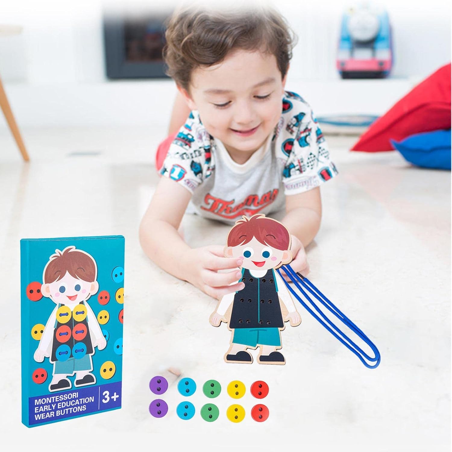 costura botão – Roupas madeira para crianças – Brinquedo Montessori Jogo fio habilidamotora fina para pré-escola desenvolvimento precoce e educação Xuany