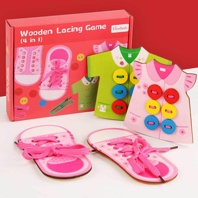 Jouet d'apprentissage à lacer des chaussures | Jouet à lacer en bois 4 en 1 | Jouet à enfiler pour la coordination œil-main, éducatif préscolaire, filles, enfants