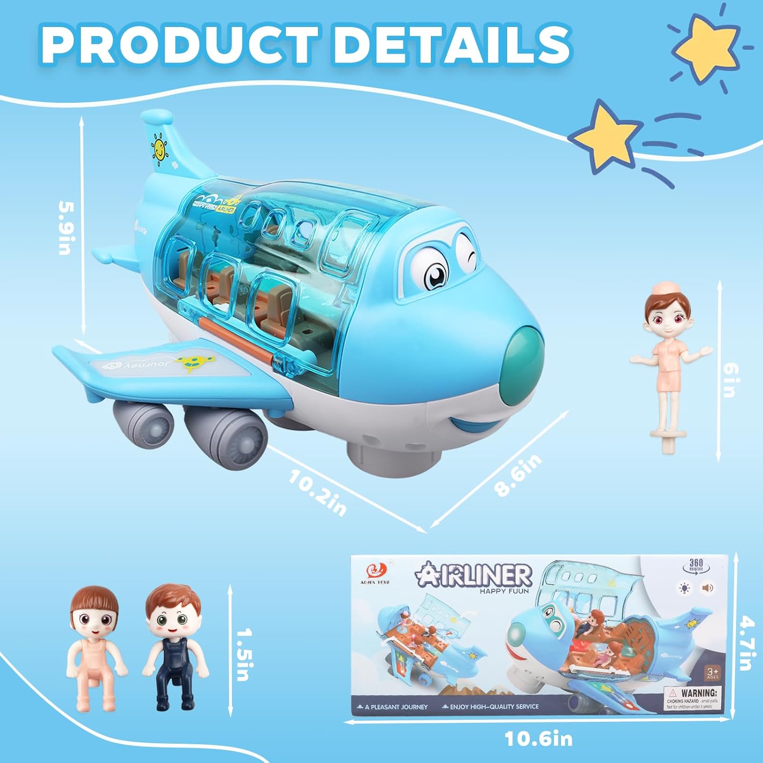 Fidtoy Musical Airplane Toy with Lights Sounds and Automatic Bump & Go Movement for Kids