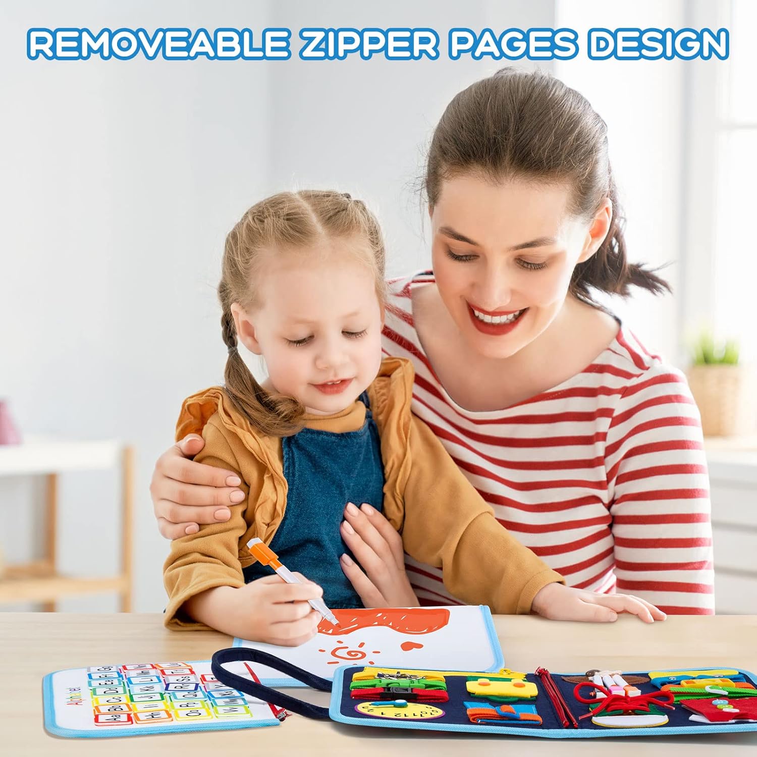 MAMPO Busy Board Montessori Toys for 1 2 3 4 Year Old Children, Learning Basic Skills Toddler Travel Toy with Alphabet & Matching Games, 16-in-1 Animal Theme Portable Busy Board