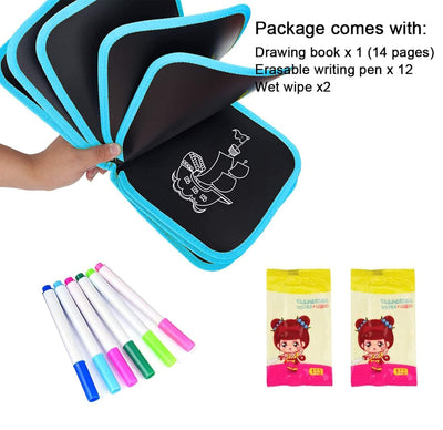 Fidtoy Reusable Drawing Slate Book for Kids – Erasable Doodle Book with Washable Markers, Portable Travel Drawing Pad, Dinosaur Theme, and Creative Writing Practice