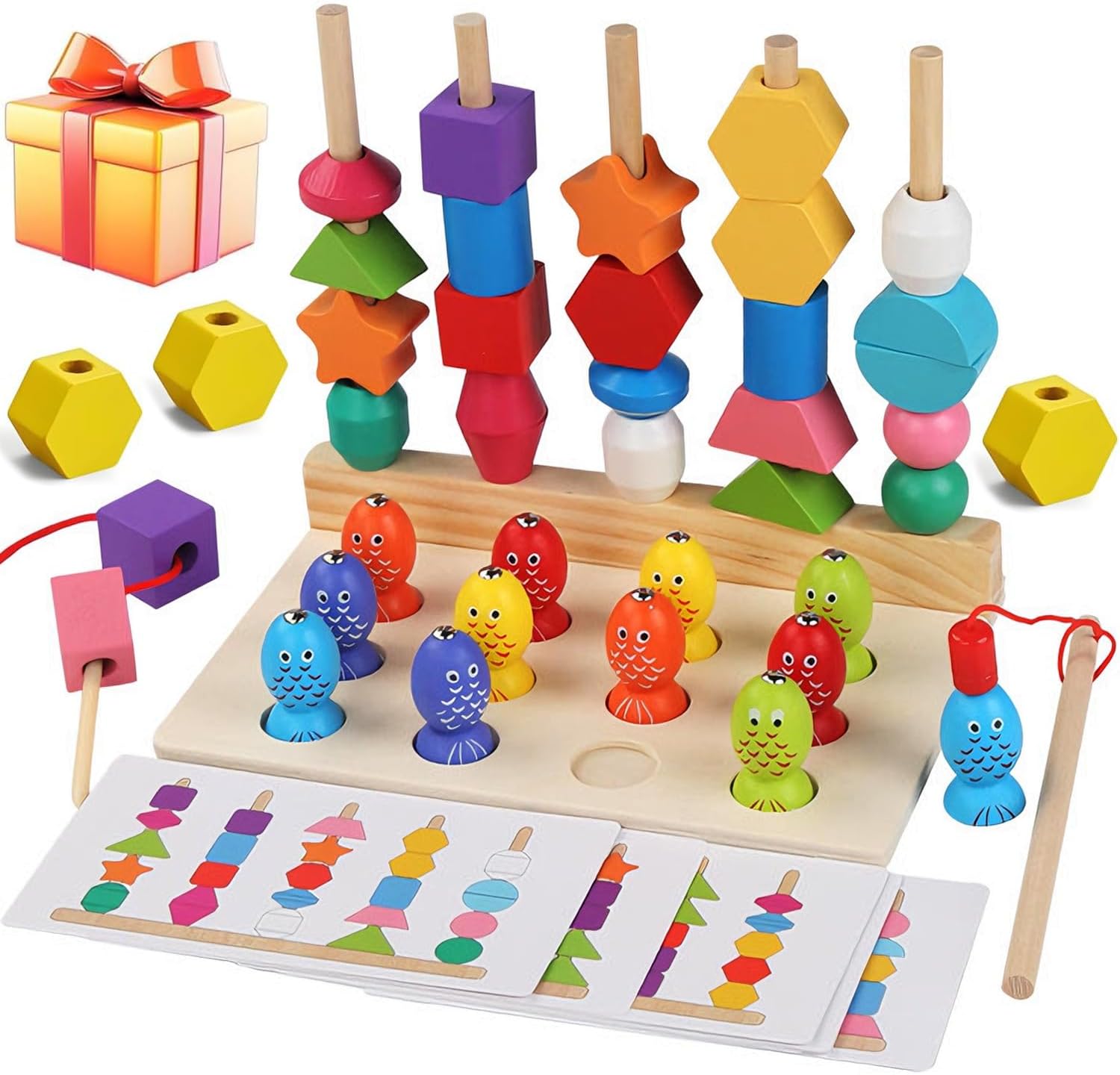 Juego de madera de ensartar y pescar con cinco juegos de columnas de formas - 003