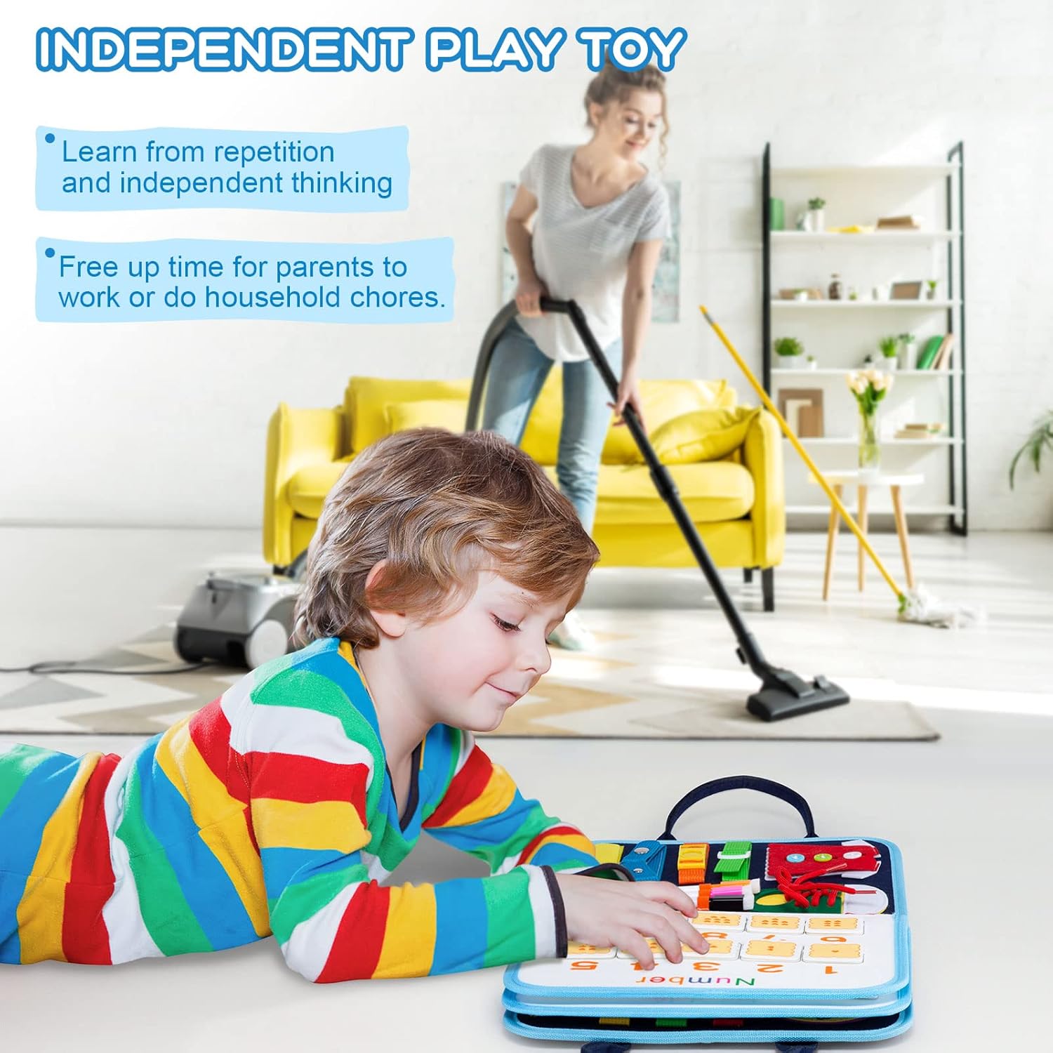 MAMPO Busy Board Montessori Toys for 1 2 3 4 Year Old Children, Learning Basic Skills Toddler Travel Toy with Alphabet & Matching Games, 16-in-1 Animal Theme Portable Busy Board