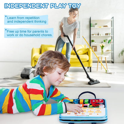 MAMPO Busy Board Montessori Toys for 1 2 3 4 Year Old Children, Learning Basic Skills Toddler Travel Toy with Alphabet & Matching Games, 16-in-1 Animal Theme Portable Busy Board