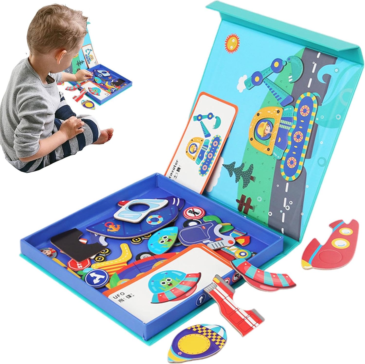 Fidtoy Magnetic Professional Figures Traffic Puzzle for Kids | Magnetic Traffic Matching Board, 26 Stickers, 8 Reference Cards, Road Safety Learning, Shape Recognition & Parent-Child Puzzle Toy Age 2-6
