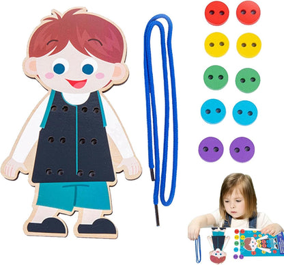 costura botão – Roupas madeira para crianças – Brinquedo Montessori Jogo fio habilidamotora fina para pré-escola desenvolvimento precoce e educação Xuany