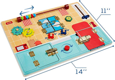 Fidtoy Wooden Busy Board Montessori Activity Board for Toddlers with Locks Latches Gears Learning Toy Fine Motor Skills Sensory Travel Quiet Toy Gift