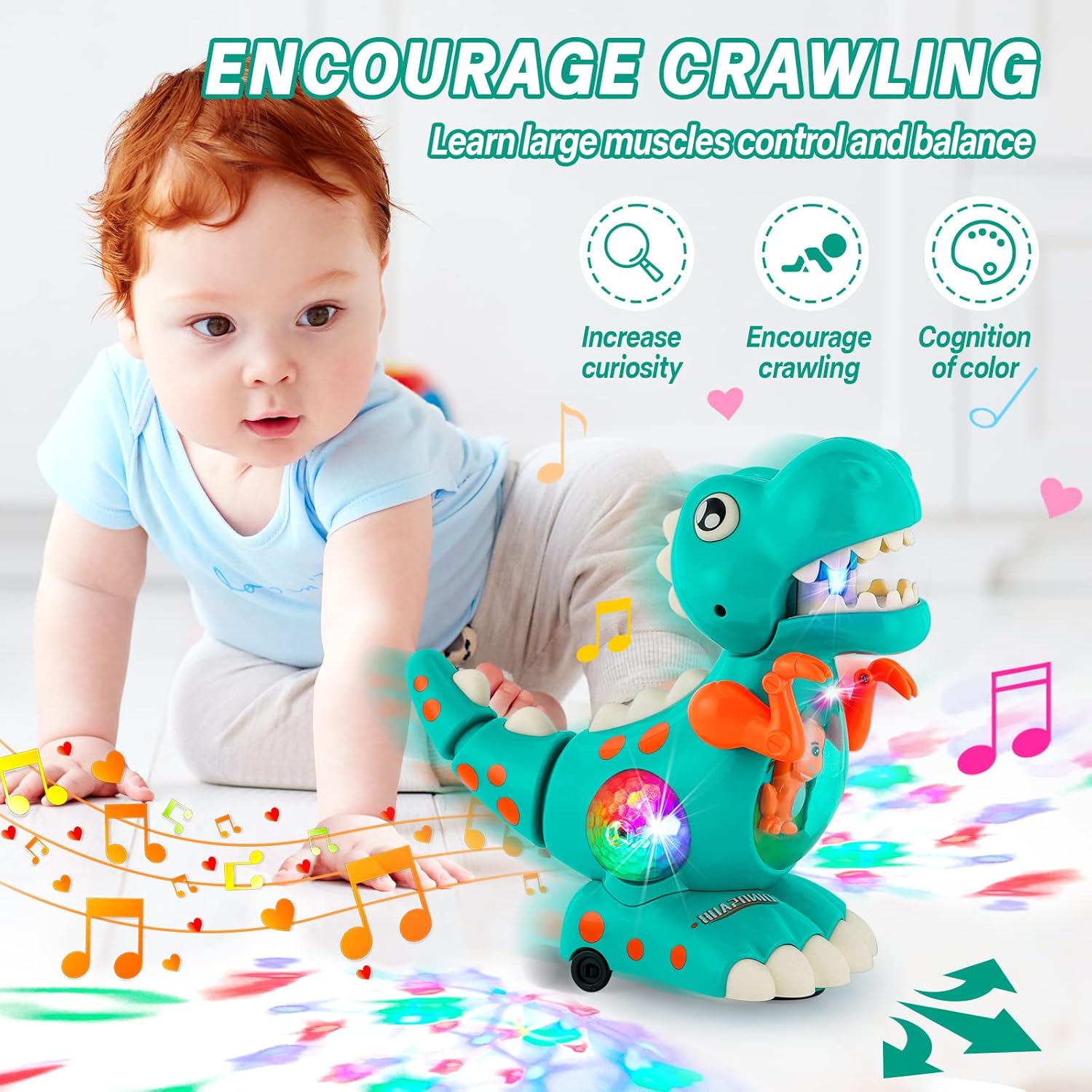 Fidtoy Interactive Crawling Dinosaur Toy for Babies – Musical Light-Up Toddler Crawling Toy with Obstacle Avoidance