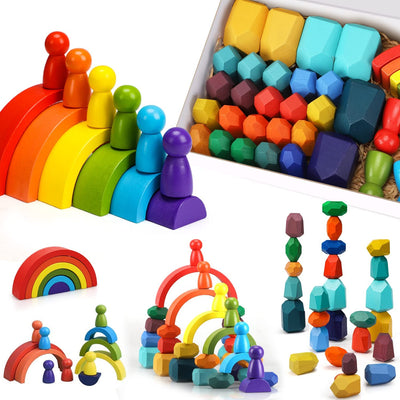 Fidtoy Juego de juguetes de madera apilables con arcoíris para bebés y niños pequeños