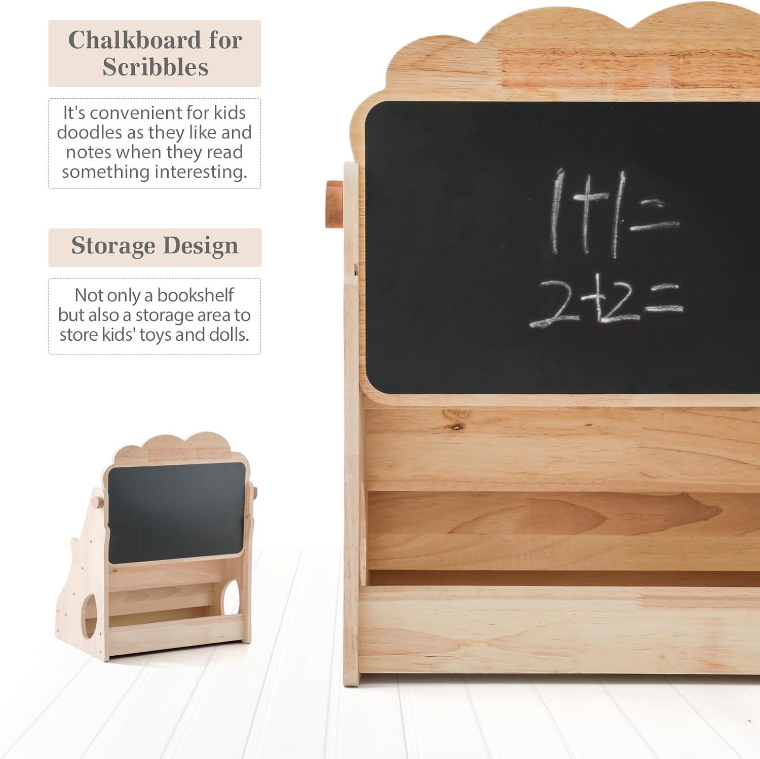 WOODEN TEETHER 5-Tier Montessori Bookshelf for Kids - Durable Rubber Wood Bookcase with Chalkboard & Storage - Display Rack for Nursery & Kids Room