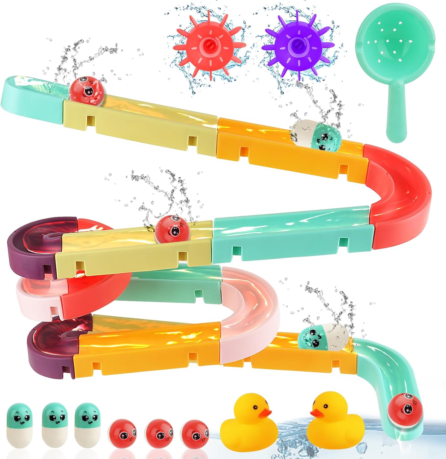 Fidtoy Bath Time Ball Track Water Play Toy for Toddlers – 44PCS Bath Marble Run Track Set with Suction Cups, Water Wheels, Balls & Ducks