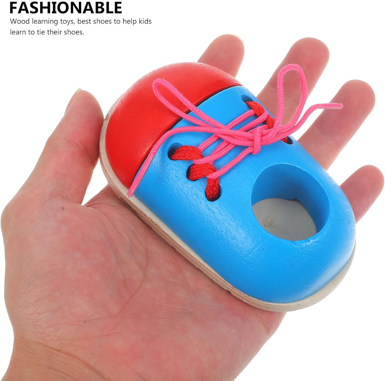 2pcs Wooden Lacing Shoe Toy Tie-up Shoelace Educational Plaything for Boy Girl Develop Fine Motor Skills and Hand-Eye Coordination Safe Natural for Ages