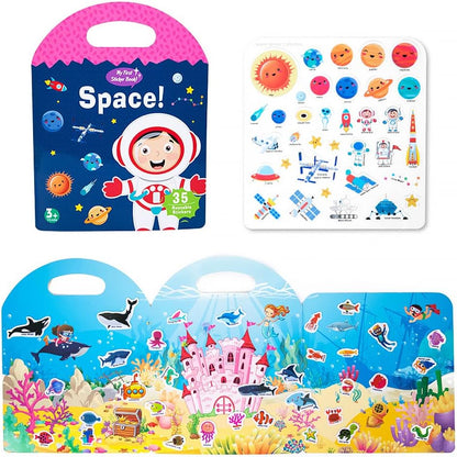 Portable Jelly Quiet Book, Reusable Sticker Books for Kids, 6 Themes Preschool Learning Activities Quiet Book for Toddlers 3 4 5 6 Year Old Girls Boys Birthday Gift Educational Learning Toy (Space)