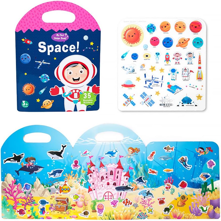 Portable Jelly Quiet Book, Reusable Sticker Books for Kids, 6 Themes Preschool Learning Activities Quiet Book for Toddlers 3 4 5 6 Year Old Girls Boys Birthday Gift Educational Learning Toy (Space)
