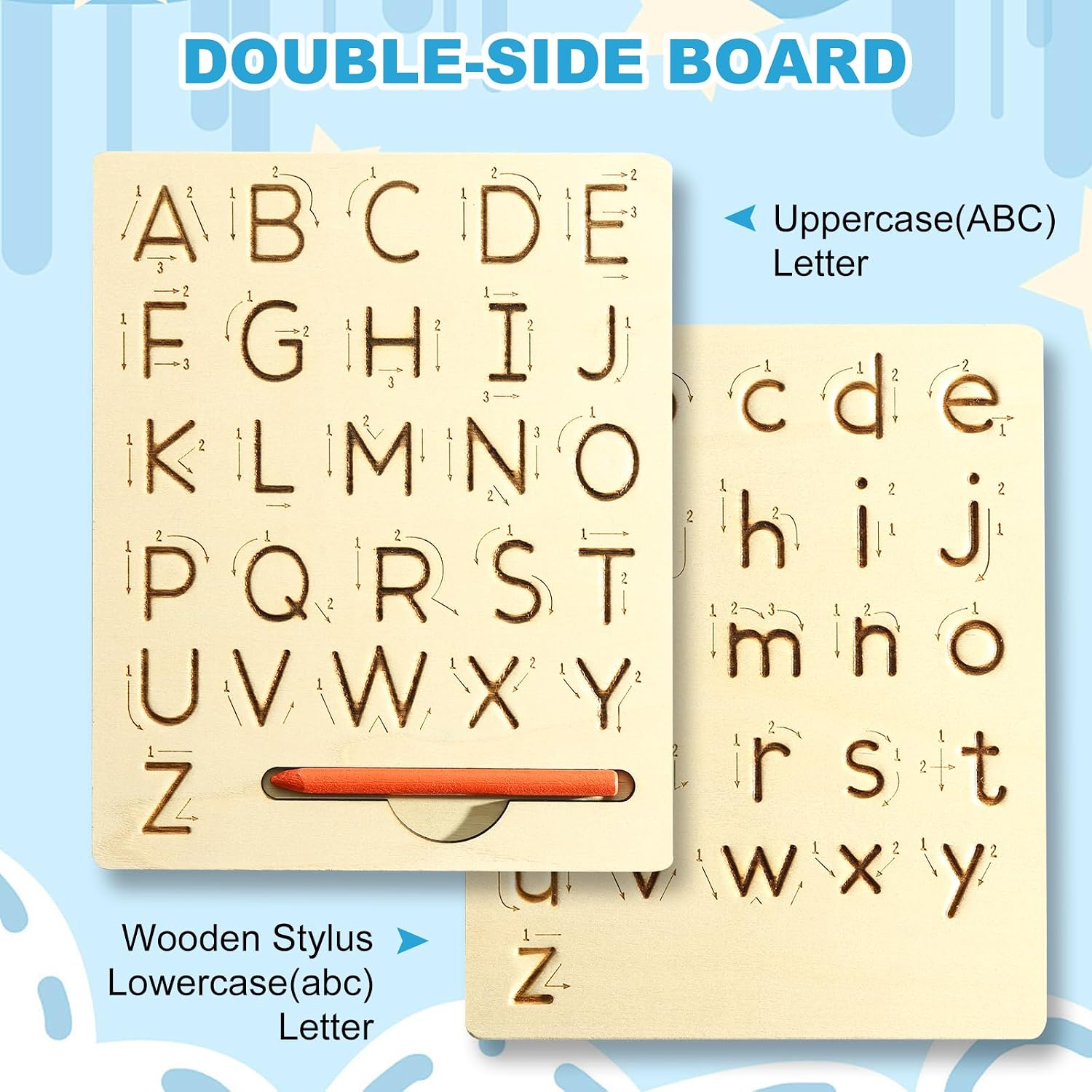 Fidtoy Montessori Double-Sided Alphabet Tracing Board for Kids Wooden Uppercase Lowercase Letter Writing Practice Toy Age 2-6