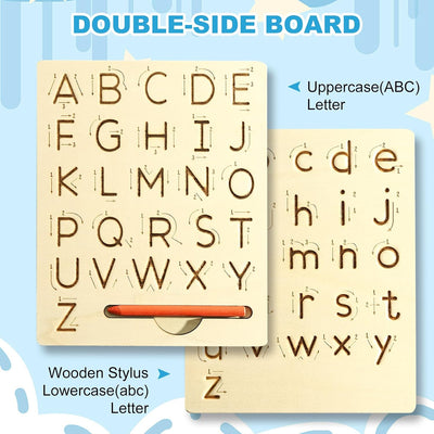 Fidtoy Montessori Double-Sided Alphabet Tracing Board for Kids Wooden Uppercase Lowercase Letter Writing Practice Toy Age 2-6