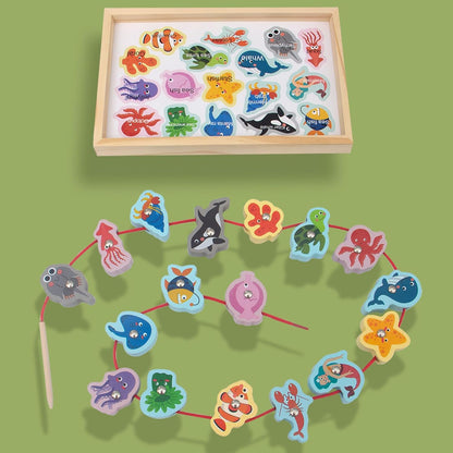 SCOOVY Magnetic Fishing Game, Wood Children's 2 in 1 Fishing Game, Safe Wooden Fishing Games with Vivid Fishes, Educational Roddlers Fishing Game for Kids Home Outdoor Indoor