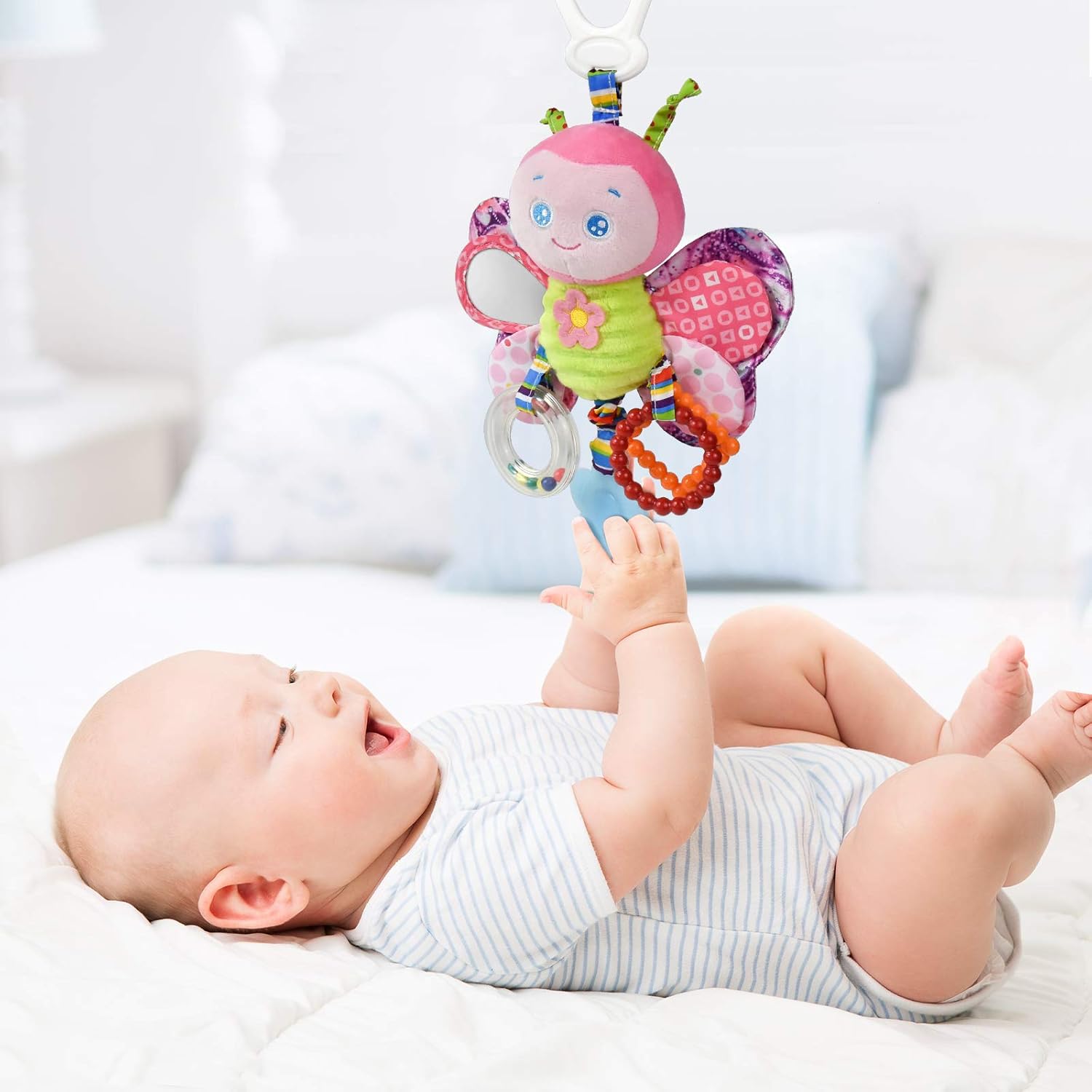 Fidtoy Baby Hanging Sensory Toy for Stroller Crib and Car Seat – Plush Rattle Teether Activity Toy