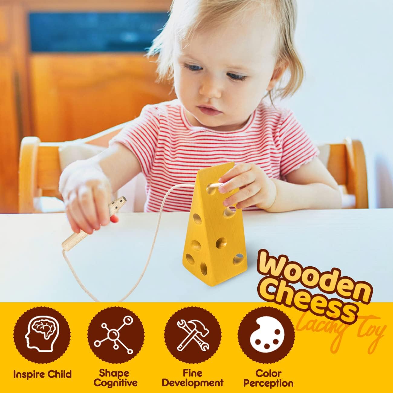 USATDD Wooden Lacing Cheese Fine Motor Skills Threading Toys, Airplane Car Travel Game Montessori Cognition Preschool Puzzle Gift for 3+ Years Old Toddlers Baby Kids
