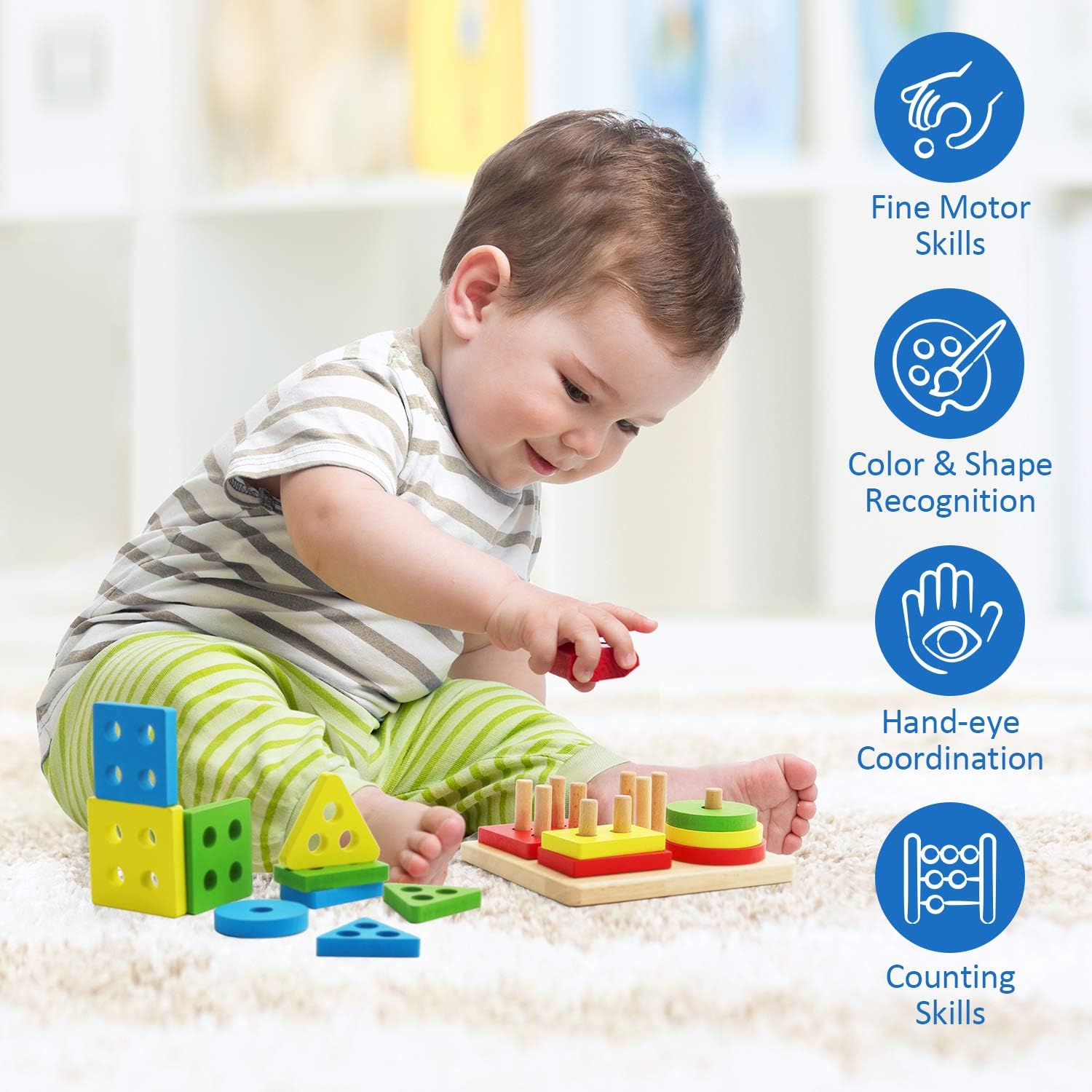Fidtoy 2 in 1 Geometrical Shapes Learning Four Columns, Wooden Shape Sorting and Stacking Puzzle with 16 Geometric Blocks and Threading Rope Ages 2-6