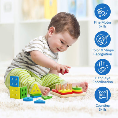 Fidtoy 2 in 1 Geometrical Shapes Learning Four Columns, Wooden Shape Sorting and Stacking Puzzle with 16 Geometric Blocks and Threading Rope Ages 2-6
