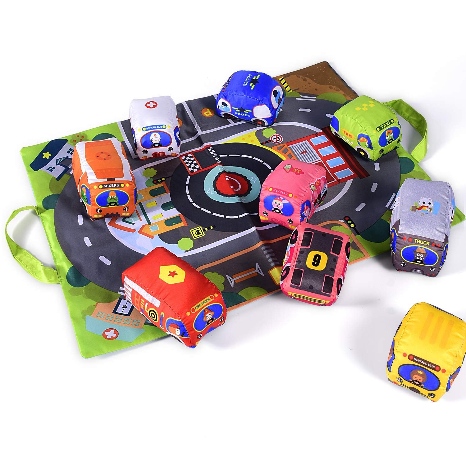 Fidtoy Soft Fabric Car Play Mat Set for Babies – 9-Piece Plush Vehicle Toy Set with Foldable Road Mat, Storage Bag, Crinkle Sounds, and Sensory Play