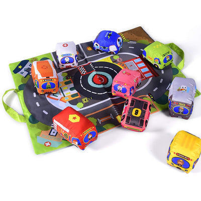 Fidtoy Soft Fabric Car Play Mat Set for Babies – 9-Piece Plush Vehicle Toy Set with Foldable Road Mat, Storage Bag, Crinkle Sounds, and Sensory Play