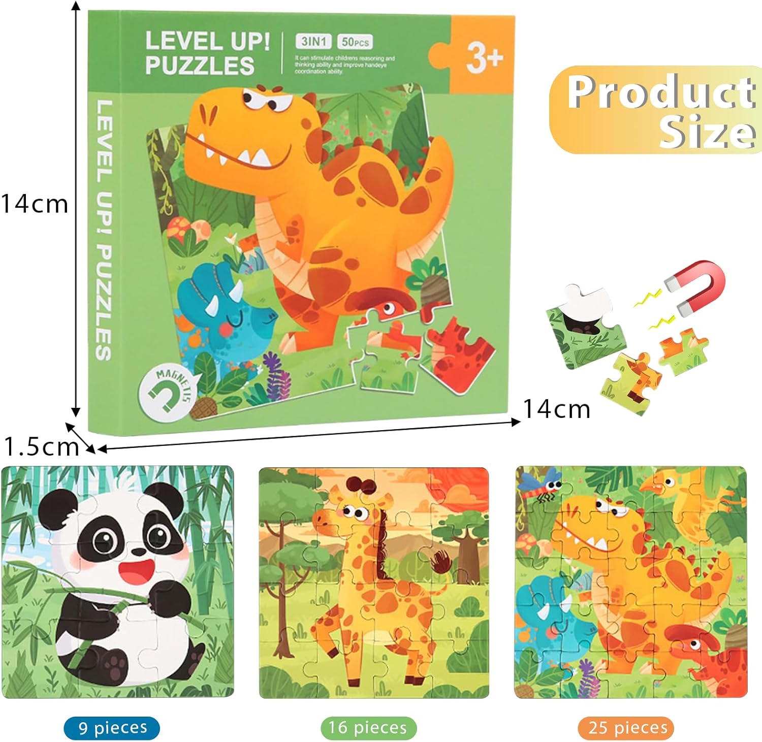 Magnetic Puzzle, 50 Pieces Children's Puzzle, 3-in-1 Magnetic Puzzle, Magnetic Puzzle Animals, Children's Puzzle Magnet for Children, Educational Toy, Promotes Motor Skills + Concentration, Children's