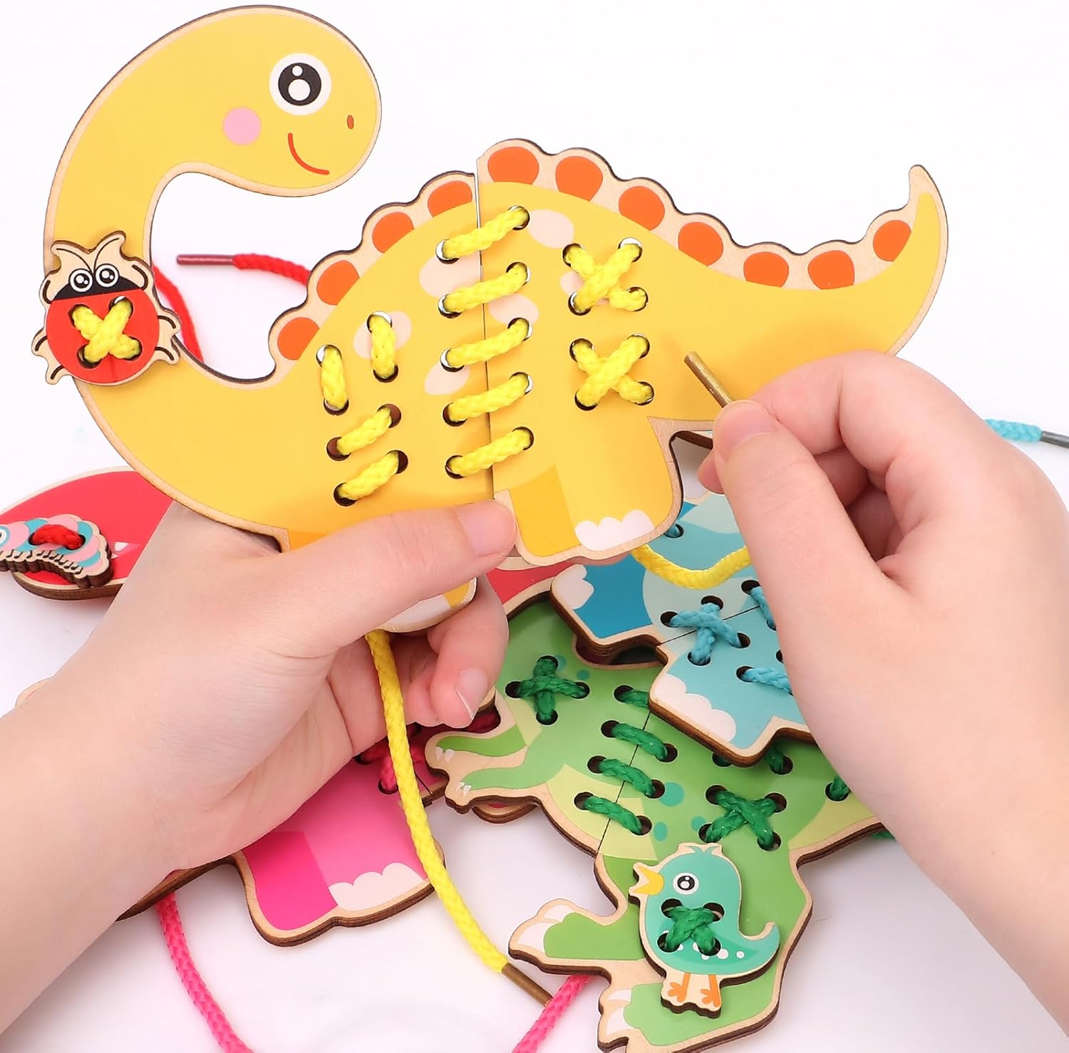 Atoylink 5 Pack Wooden Lacing Cards for Kids 3-5 Dinosaur Threading Sewing Cards Toddler Travel Toys Preschool Puzzle Game Fine Motor Skills Toys for 3 4 5 6 Year Old Christmas Birthday Gift