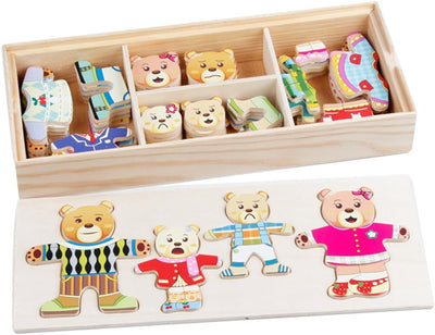 Fidtoy Wooden Dress-Up Bear Family for Toddlers – Creative Educational Toy with Outfits and Expressions