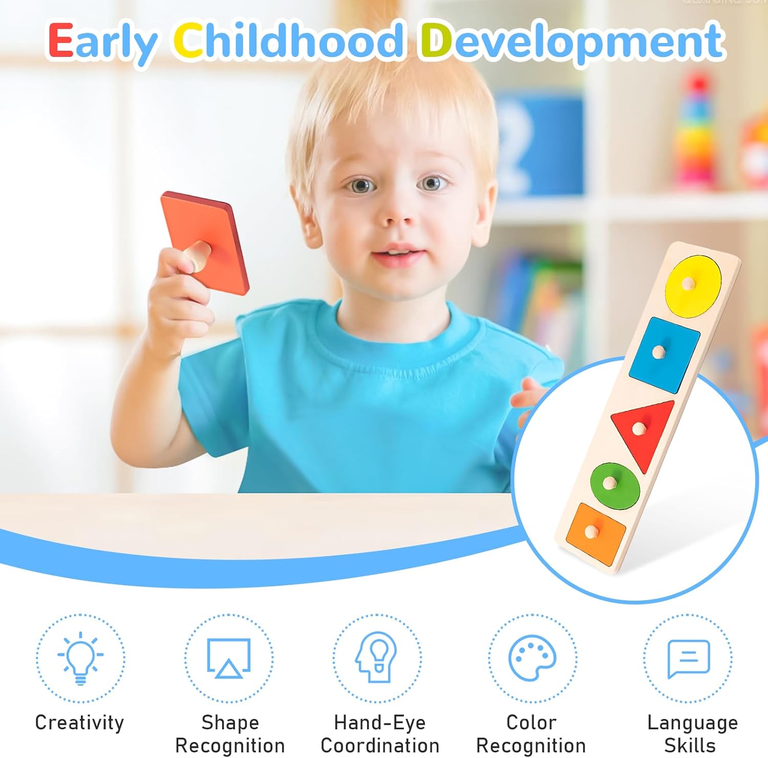 QESSUVNC Juego de clasificación de formas de madera para niños pequeños, rompecabezas Montessori de clavijas, formas geométricas, 1-3 años
