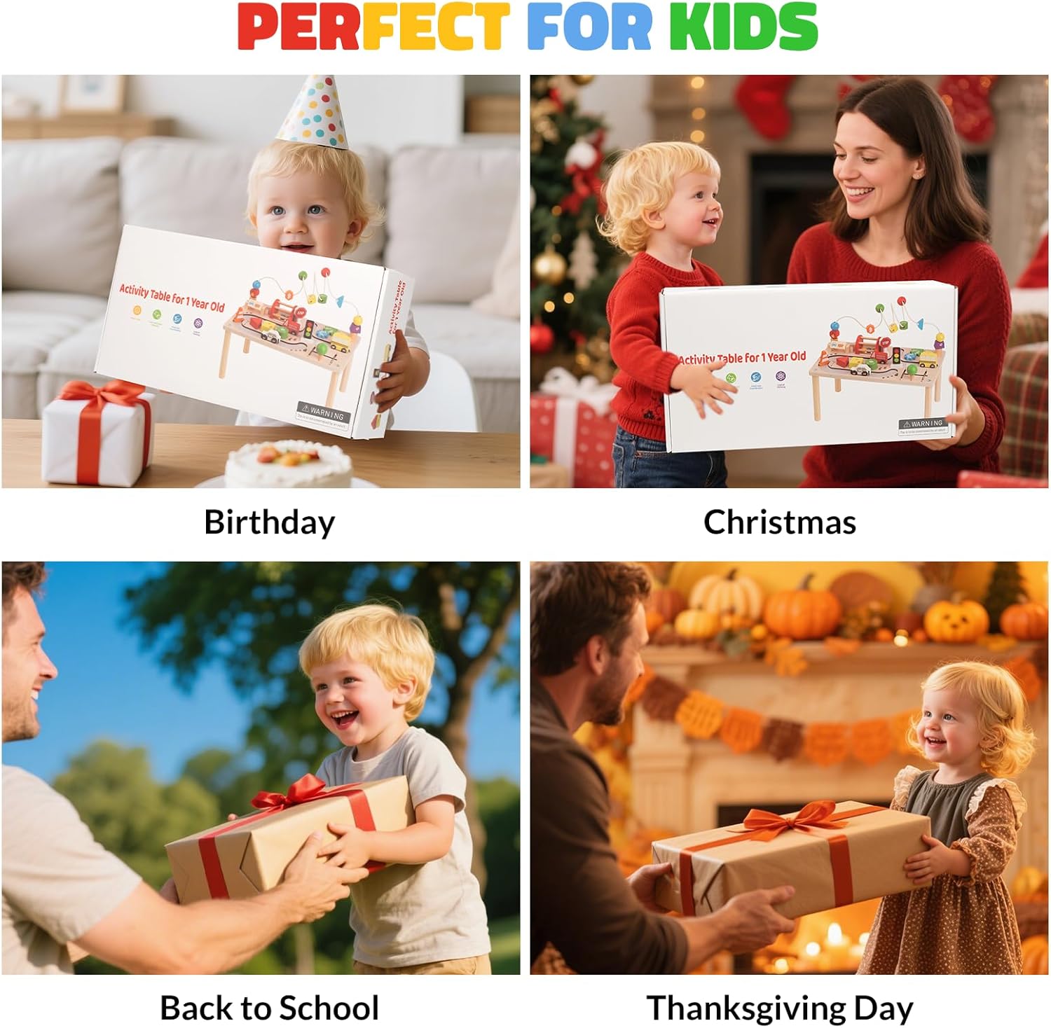 Activity Table for 1+ Year Old, Montessori Wooden Toys for Toddlers 1-3, 8 in 1 Baby Activity Table, Educational Sensory Bead Maze Toys for Babies, Learning Shape Sorter, Birthday Gifts Girls Boys